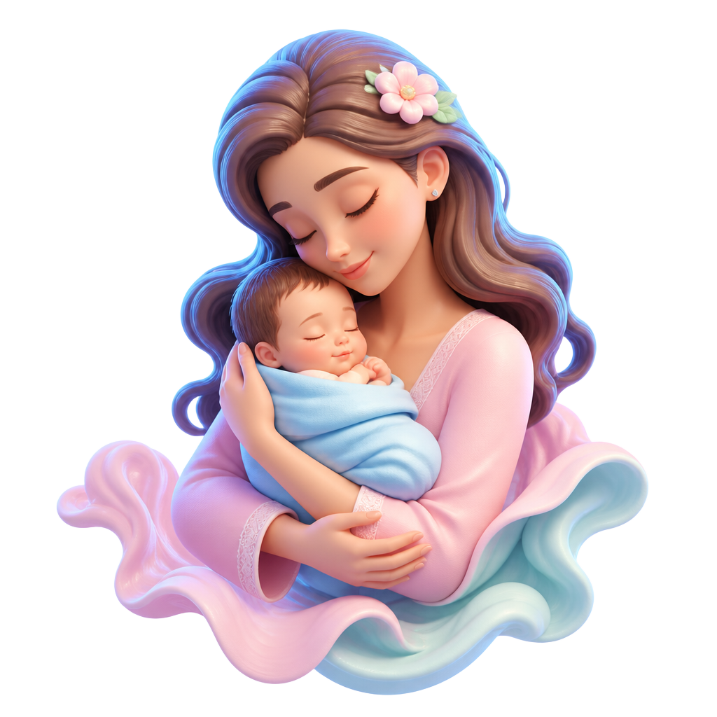 3D illustration of a mother holding her newborn baby
